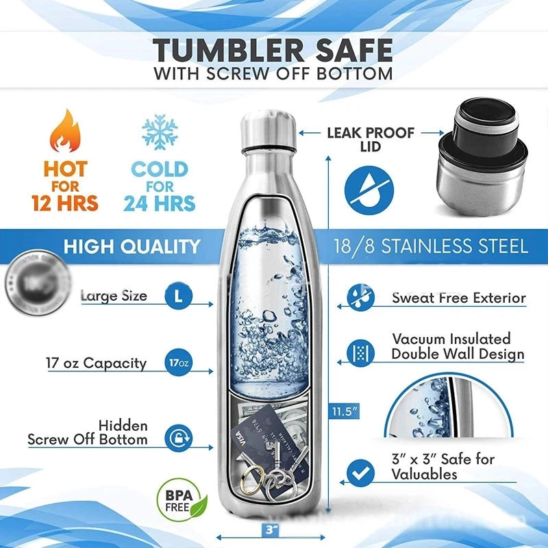 Stainless Steel Diversion Portable Water Bottle with Bottom Secret Compartment