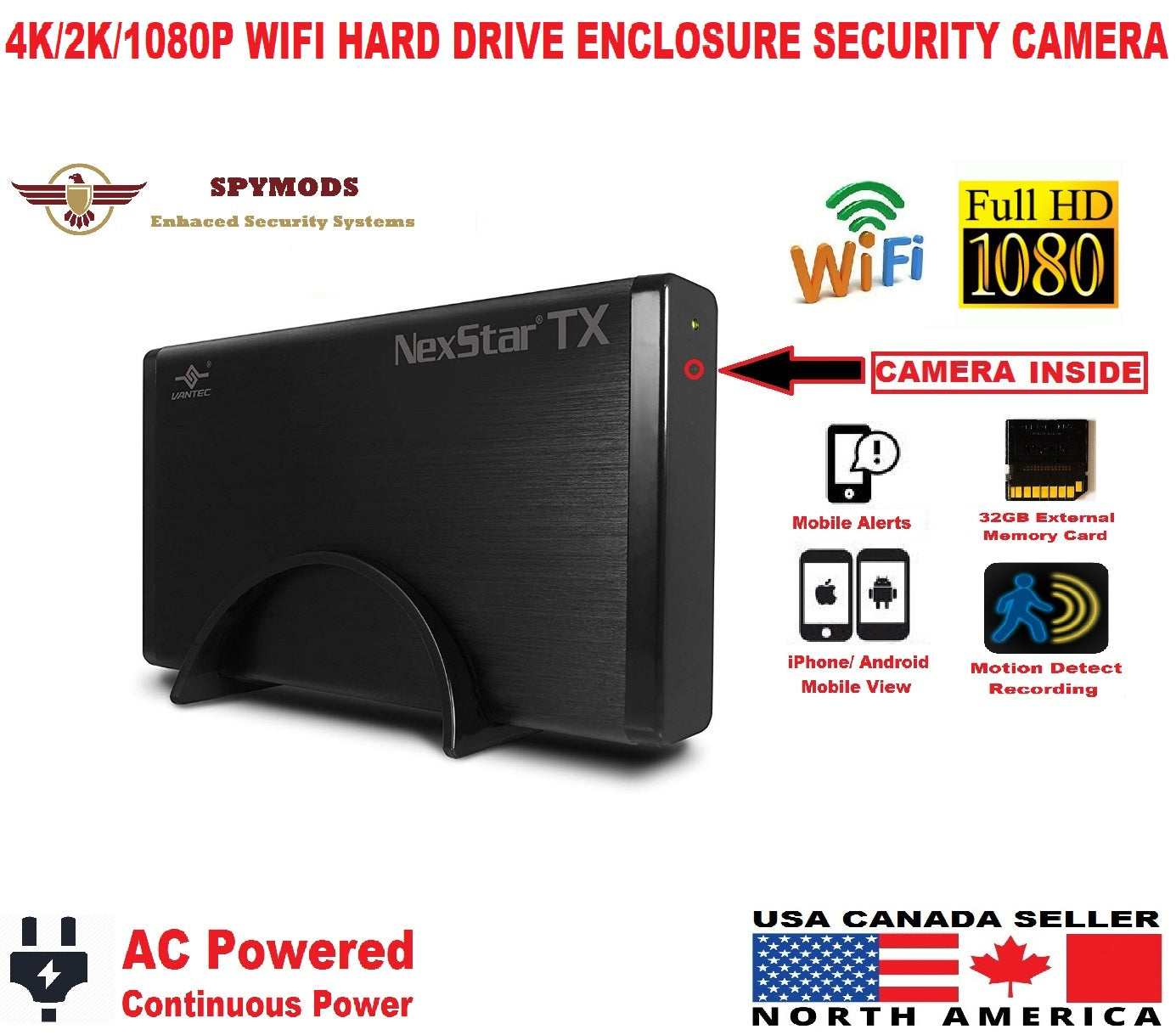 Hidden Covert WIFI 4K2K/1080P IP External Hard Drive Enclosure Nanny Pinhole Camera