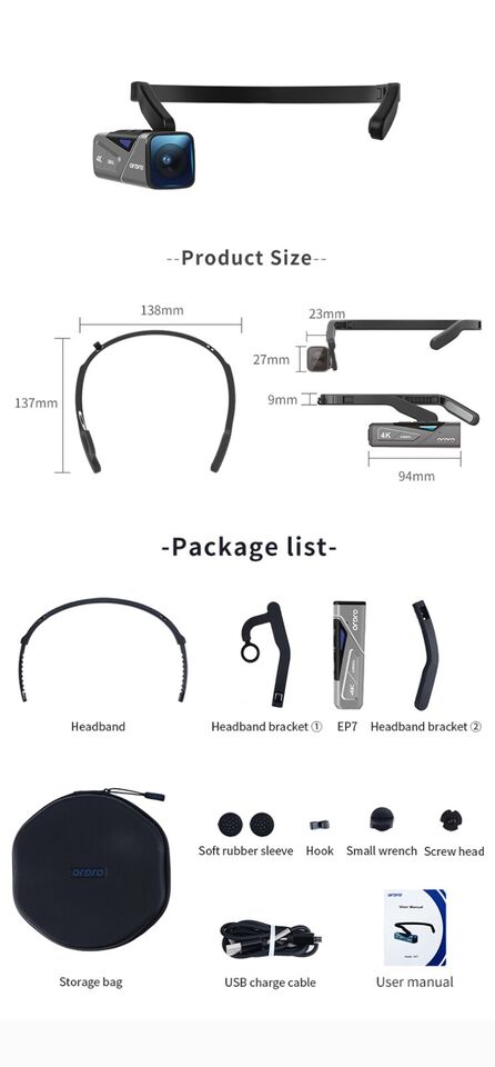 ORDRO EP7 Head Mount Wearable 4K 60fps Video Camera First Person View Hands-Free