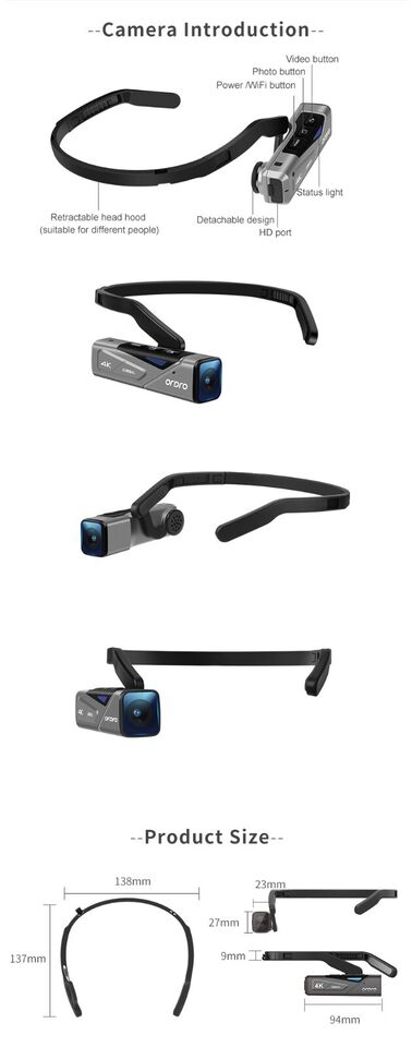 ORDRO EP7 Head Mount Wearable 4K 60fps Video Camera First Person View Hands-Free